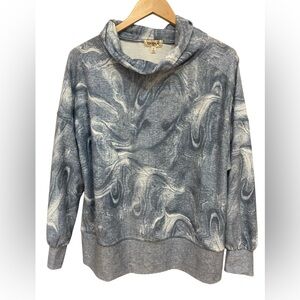 One World Swirl Print Blue Cowl Neck Long Sleeve Top Women’s Size Medium